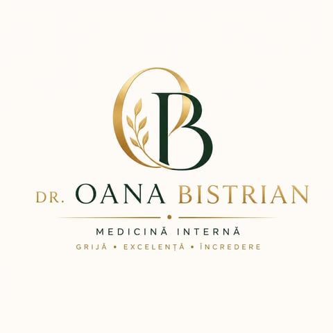 Dr. Oana Bistrian logo featuring elegant gold leaf design with dark green letter B and text for internal medicine practice